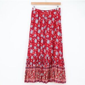 Mango Maxi Skirt Womens S Casual Red Floral Tiered Bohemian Long Excellent